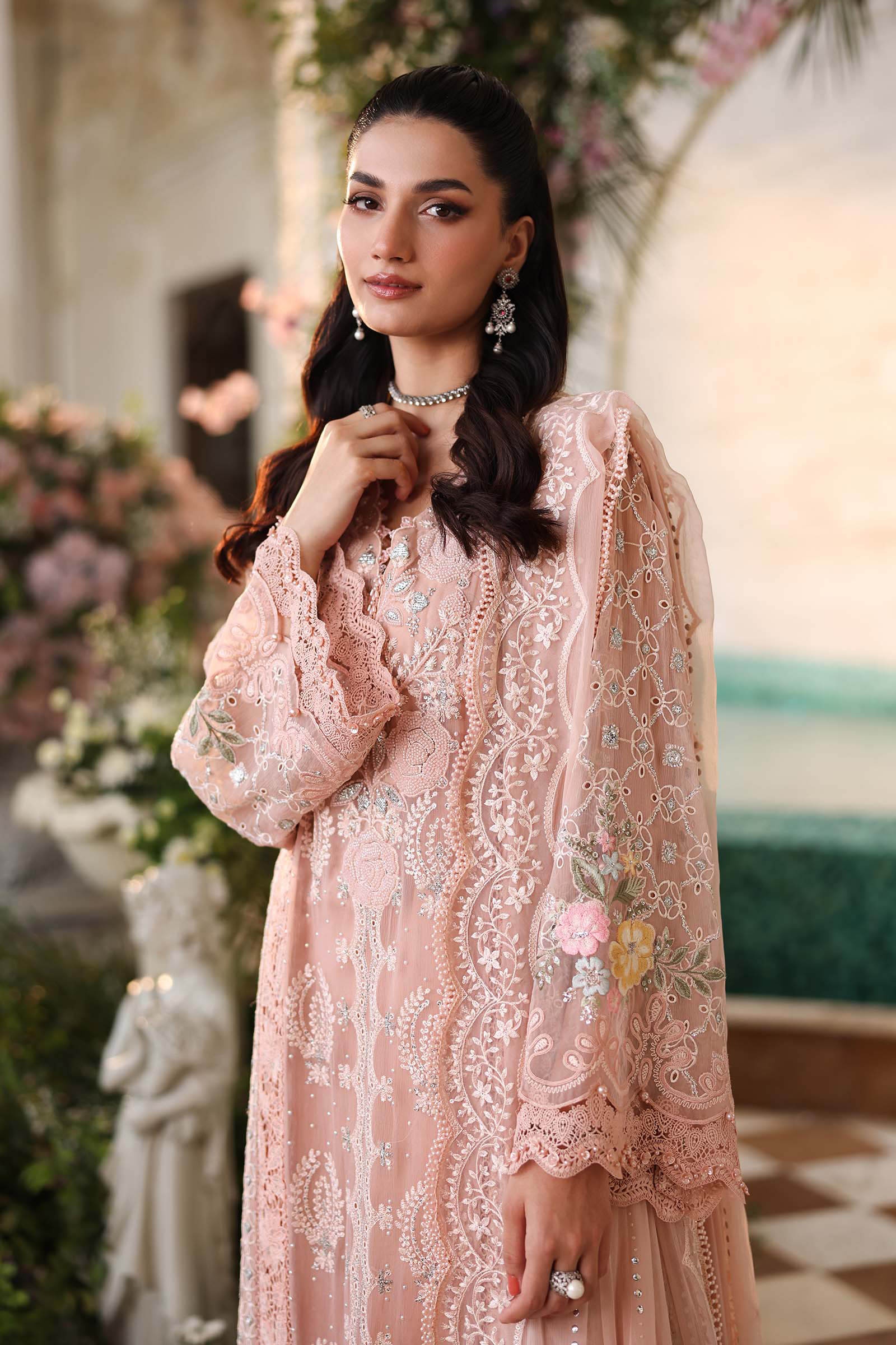 MARIA B Embroidered Chiffon clothing in pink tones.